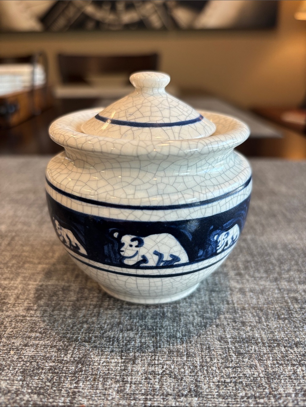 Dedham Pottery? Signed on Bottom Small Jar with Lid  Mamma Bear Blue - Picture 2 of 9